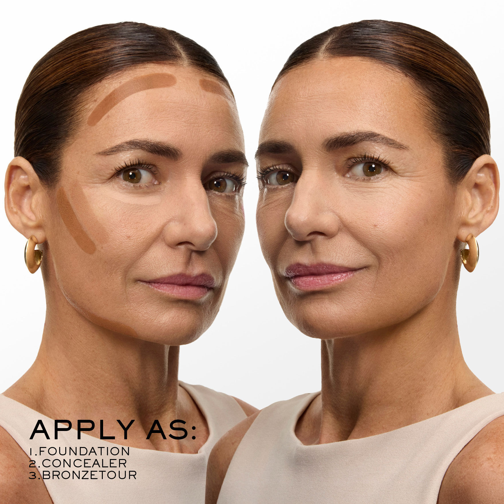 Apply as foundation, concealer or bronzetour