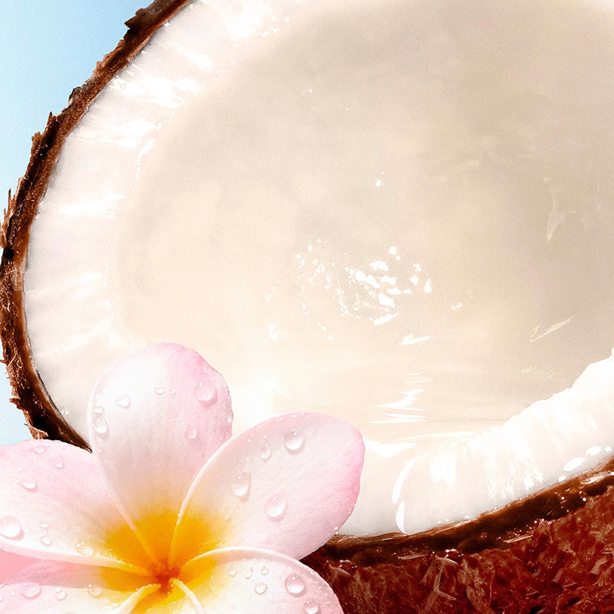 Coconuts and white tiare flowers resting on a striped pink bar.  Clear blue sky in the background