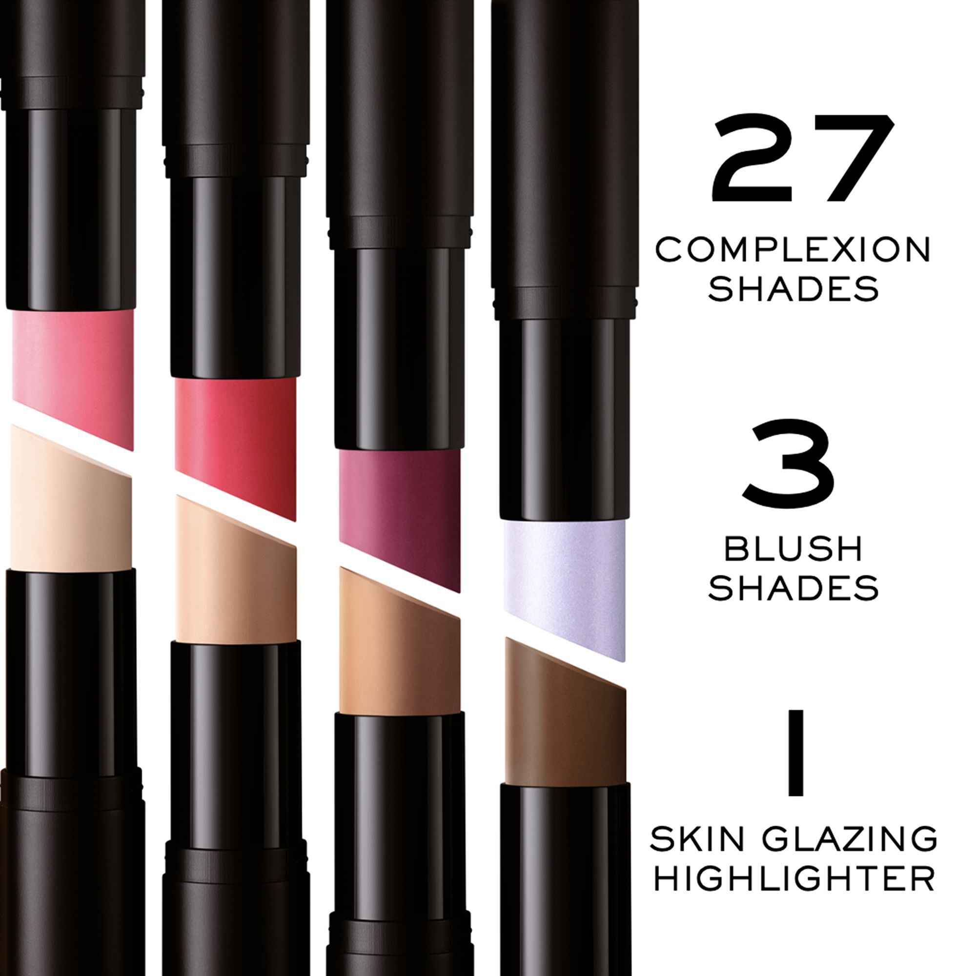 27 complexion shades. 3 Blush shades. 1 skin glazing highlighter.