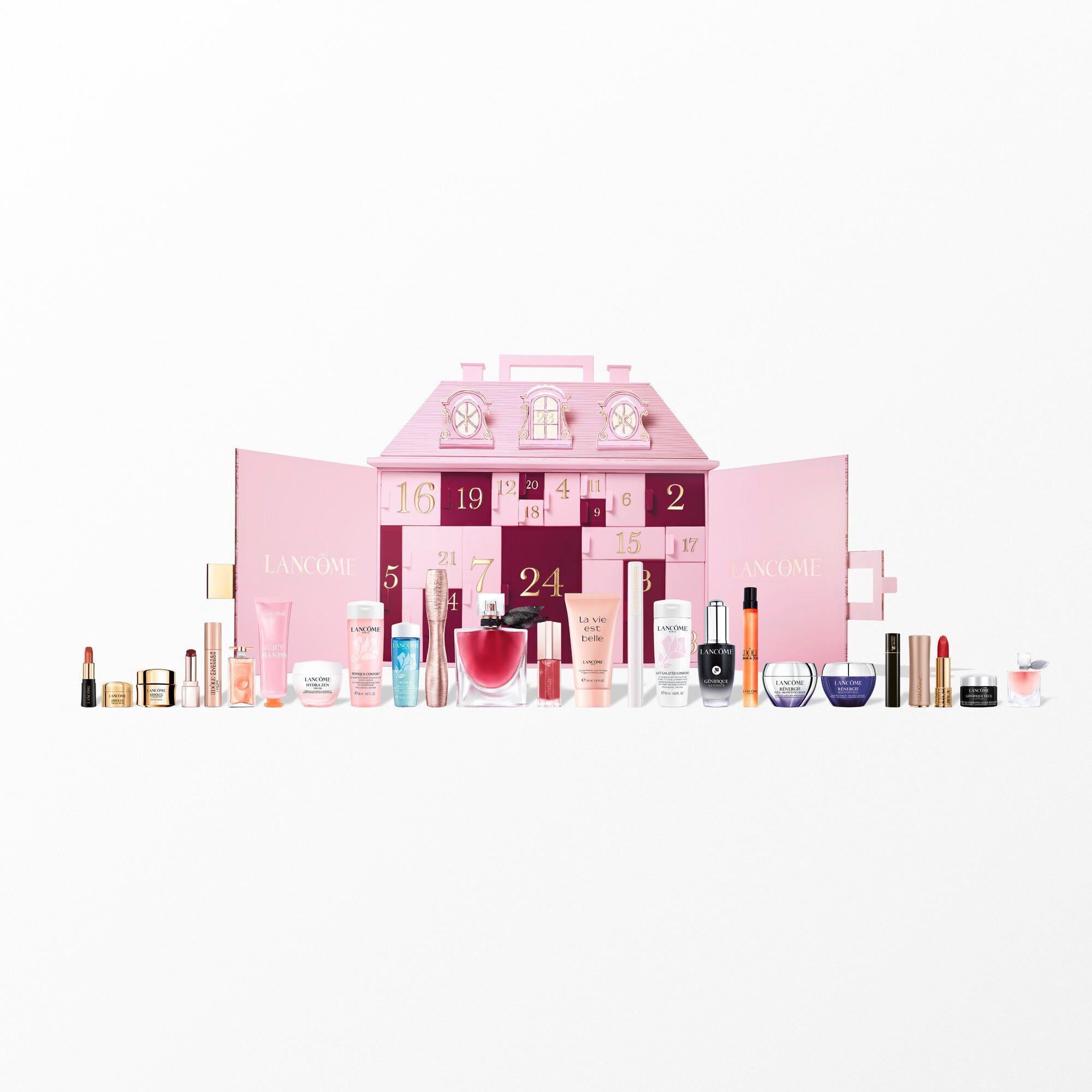 A pink Lancome advent calendar shaped like a townhouse with beauty products displayed in front.