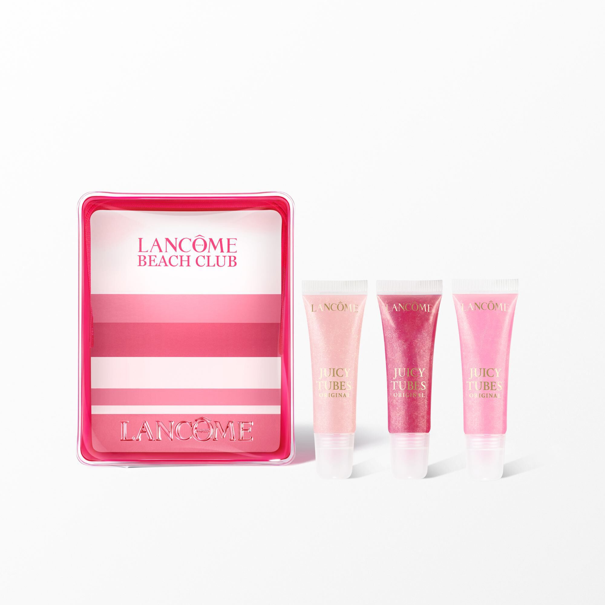 A Lancome Beach Club lip gloss gift set featuring a pink striped pouch and three tubes of Juicy Tubes Original gloss.