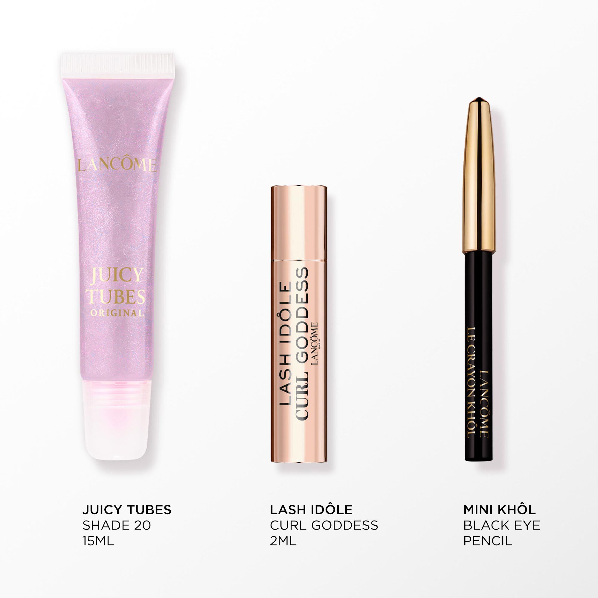 Image of the following products on a white background: FULL SIZE JUICY TUBE 20 - MINI CRAYON KHOL LINER - MINI LASH IDOLE CURL GODDESS MASCARA