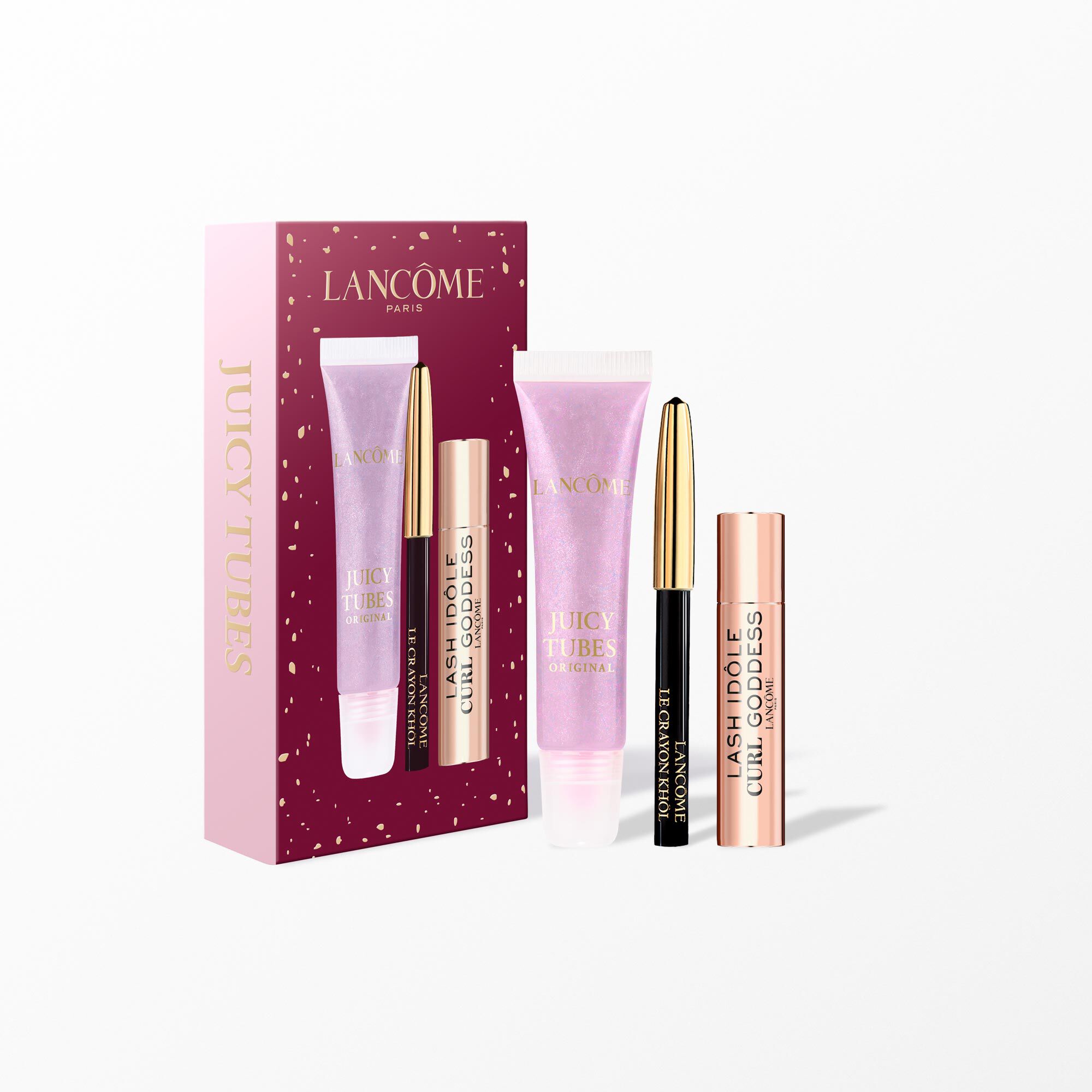 Juicy Tube holiday set containing: FULL SIZE JUICY TUBE 20 - MINI CRAYON KHOL LINER - MINI LASH IDOLE CURL GODDESS MASCARA