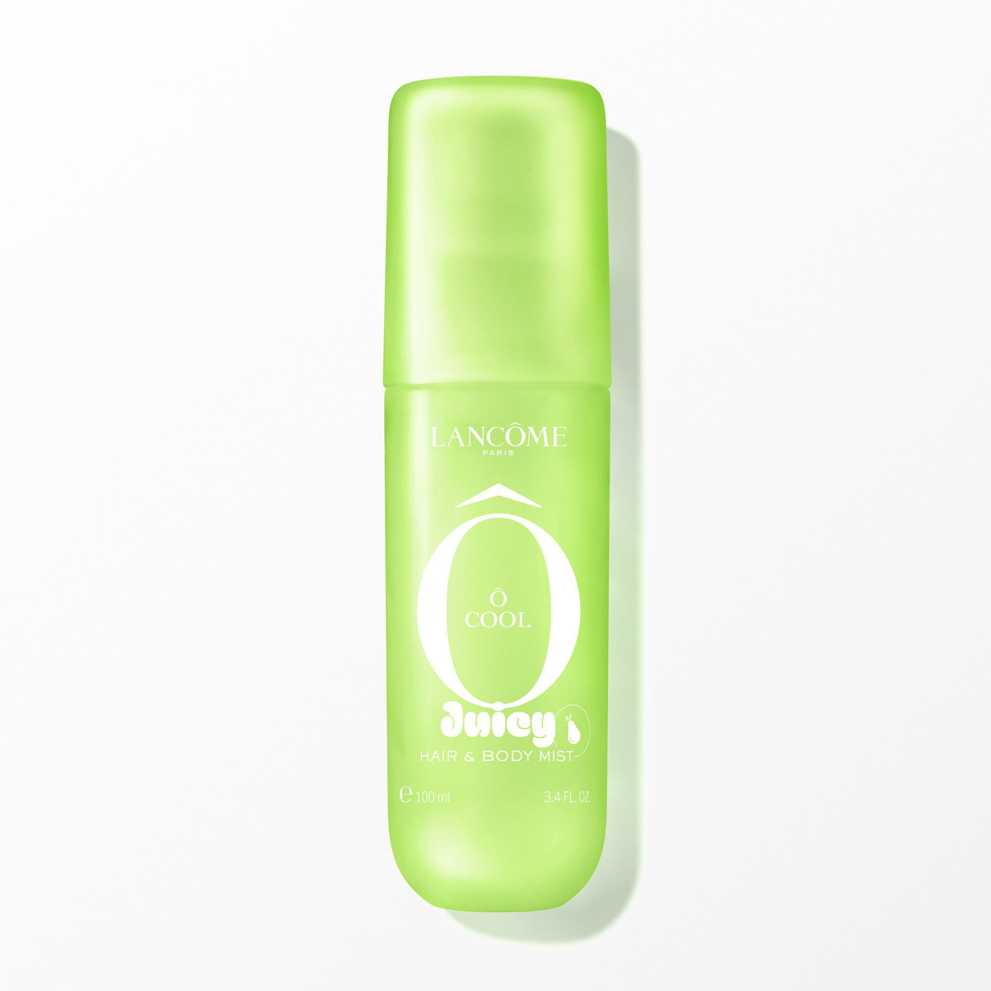 A lime green spray bottle of Lancome O COOL Juicy Hair & Body Mist.